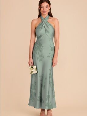 Sage Green Halter Floral Satin Evening Dress